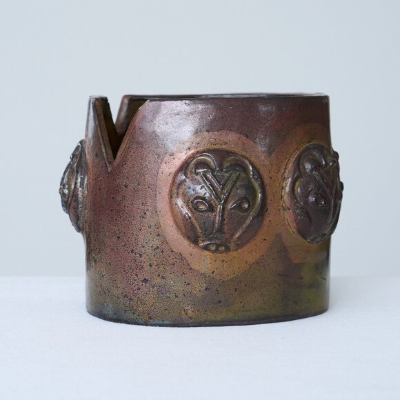 Round Green Raku Pottery · Artful Home Vintage Raku Pottery Planter Round Hand Sculpted Faces Tribal Pot Iridescent